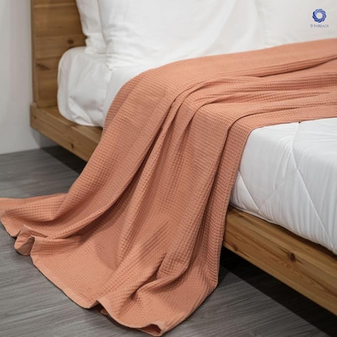 9Threads GOTS Certified Organic Cotton Waffle Weave Cozy Throw Blanket, 50"X60", Modern Home Decor, Soft Bed Blanket - Sun Bay