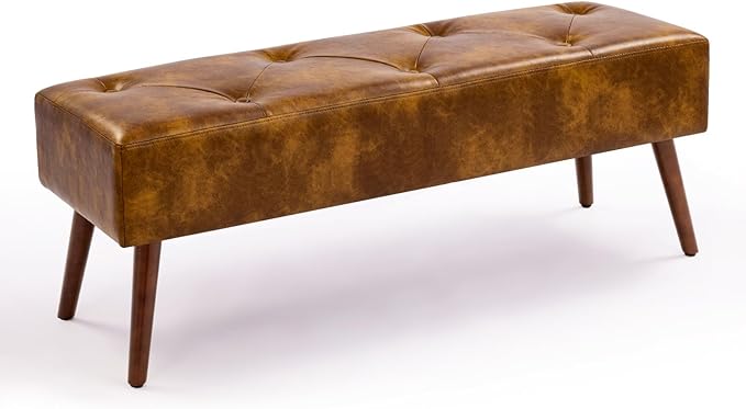 Furnimart Faux Leather Bench Ottoman, Tufted Button Bedroom Benches Footrest Stool in Solid Wood Legs, Long and Dining Bench, Indoor Bench for Entryway Living Room Bedroom (Leather-DustYellow)