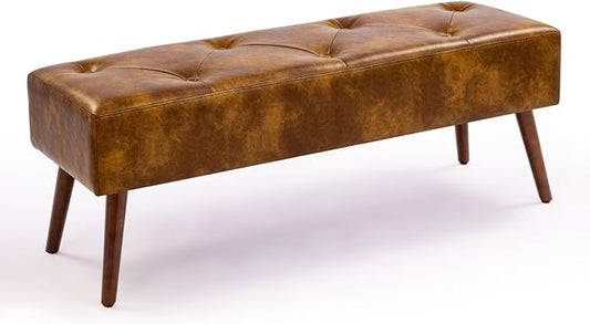Furnimart Faux Leather Bench Ottoman, Tufted Button Bedroom Benches Footrest Stool in Solid Wood Legs, Long and Dining Bench, Indoor Bench for Entryway Living Room Bedroom (Leather-DustYellow)