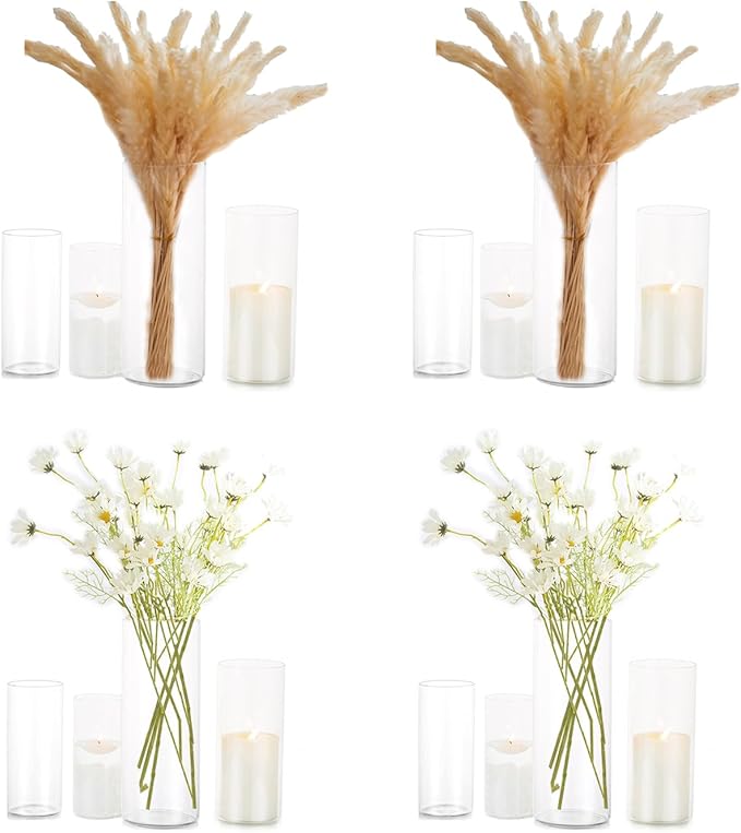 Cylinder Vase Bulk Clear Esmiome - Cylinder Vases for Centerpieces 4 Sets (16Pcs) Hurricane Floating Candle Holder, Glass Vases for Flowers, Decorative Centerpiece for Wedding, 4''+6''+8''+10''(High)