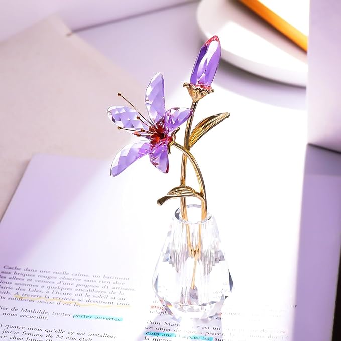 Purple Crystal Lily Flower Figurine with Stems - Handmade Collectible Statue for Decoration Mothers Day Centerpiece Valentines Day Bridal Shower Gift