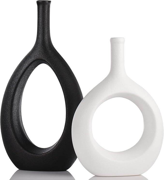 Black White Ceramic Vase Set 2,Modern Hollow Circle with Hole Flower Vase for Home Decor,for Table Centerpieces,Farmhouse,Fire Place,Living Room,Bedroom,Office,Bookshelf,Rustic Decor