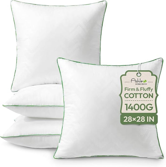 Ashler Throw Pillow Inserts (Pack of 4, White), 28 x 28 Inches Pillow Inserts with 100% Cotton Cover, Indoor Decorative Pillows Inserts for Couch Sofa and Bed