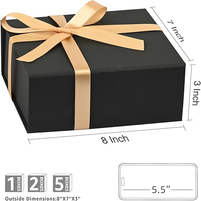 LIFELUM Small Black Gift Box 8 x 7 x 3 inch, Sturdy Gift Box with lid Magnetic Closure for Gift Include Greeting Cards,Ribbon,Shredded Paper Filler for Presents (1 Pcs)