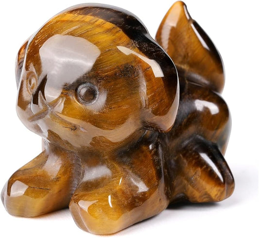 Jovivi Natural Tiger Eye Crystal Lying Dog Statue Home Decor Carved Mini Gemstone Puppy Dog Figurines Pocket Sculpture Reiki Healing Stones Decorative Ornament Gift