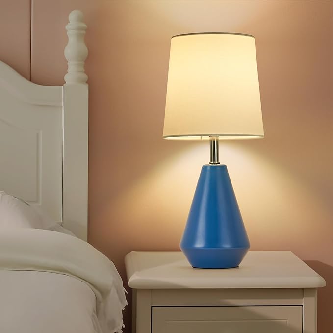 Small Bedside Table Lamp for Bedroom-Reading Desk Lamp Set of 2,with 3 Color Temperatures,15.5" Nightstand Ceramic Lamp with Fabric Shade for Kids Room,Living Room,Dorm,Home Office(Blue+White)
