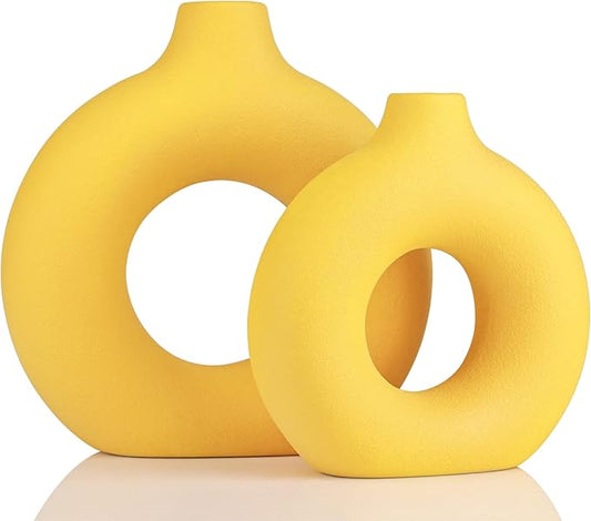 Yellow Vase Decor Donut Vase Set of 2 - Circle Hollow Vases, Modern Matte Ceramic Vases for Entryway Living Room Bedroom Dining Table Centerpiece Office Home Decor