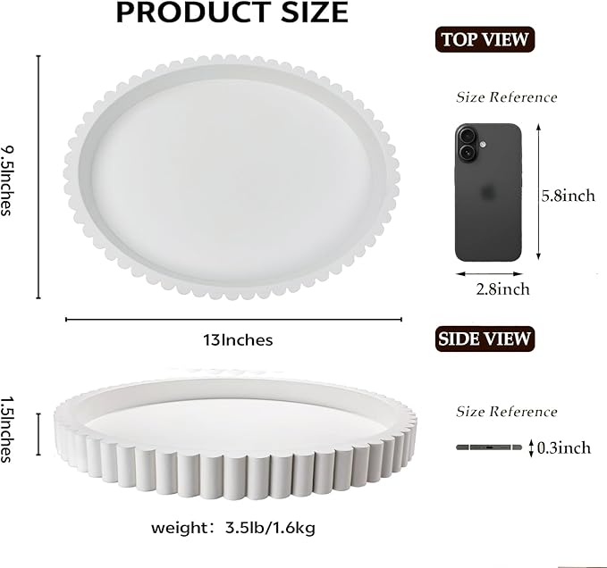 Oval Tray for Coffee Table Décor 13" Concrete Modern Decorative Trays Home Décor Accents -Circle Coffee Table Centerpieces - Island Decor Contemporary Decor Tray (White)