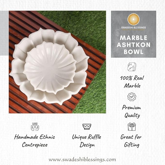 SWADESHI BLESSINGS HandCrafted Marble Lotus Bowl/Organic Modern Home Decor Bowl/Fruit Bowl/Vintage Ring Dish/Decorative Flower Dish/HouseWarming Gifts/Wedding Gifts/Urli (6 Inches)