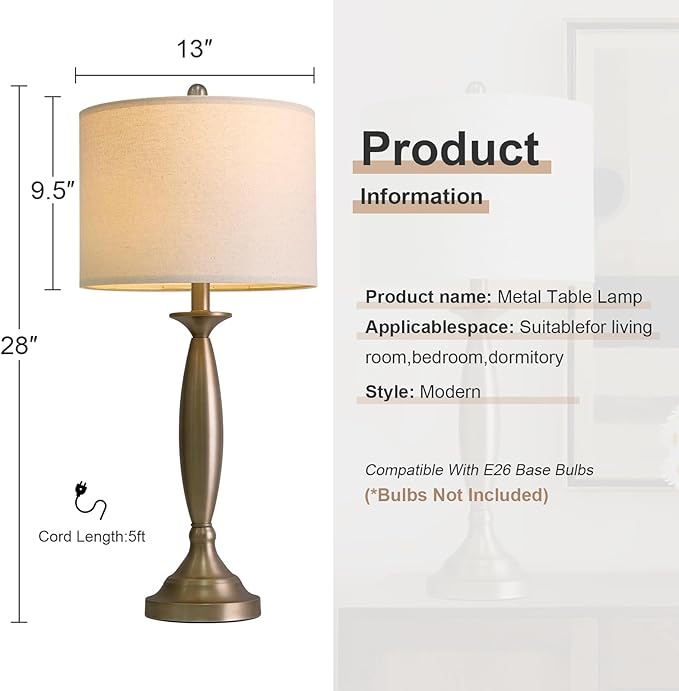 Oneach 28" Warm Gold Table Lamps Set of 2 for Living Room, Modern Bedside Lamps with USB Ports, Nightstand Lamps Set for Bedroom End Table Home Office(Bulbs not Included)