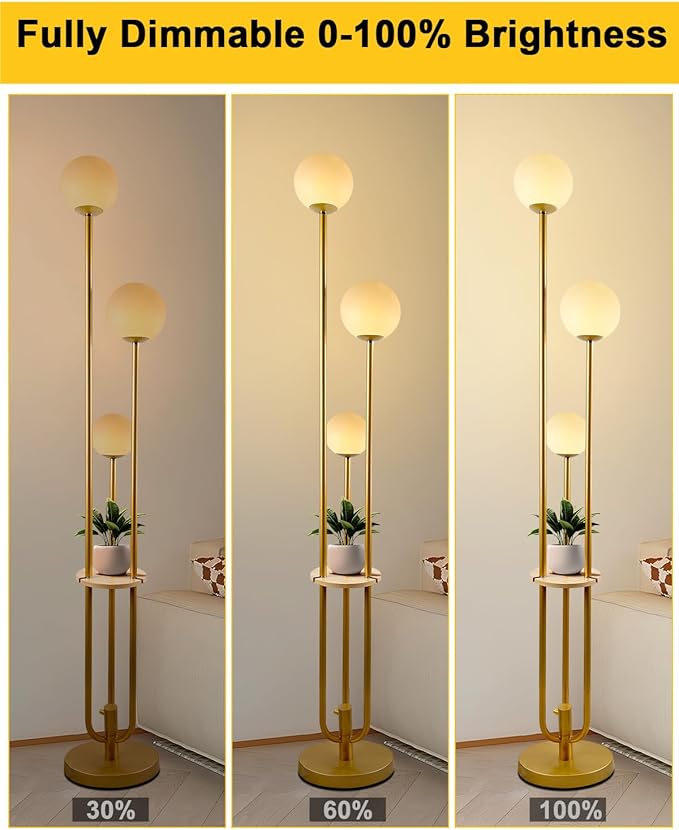 Lightdot 63IN Dimmable Gold Floor Lamp with Shelf Mid Century Standing Lamps with 3000K Warm Bulbs with Candle Holder Style Modern Globe Floor Lamp for Living Room/Party