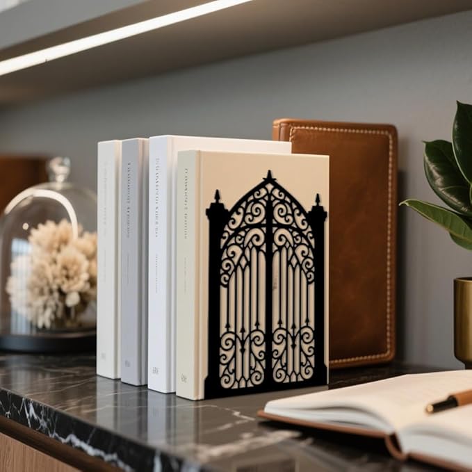 Peacoblue Metal Bookends for Shelves, Modern Decorative Heavy Duty Study Book Ends Stoppers for Office, Desk, Shelf, Room 5.3"x4.3"x7.9" Cast Iron Simple Tall Bookends 1 Pair (Gothic Gorgeous Gate)