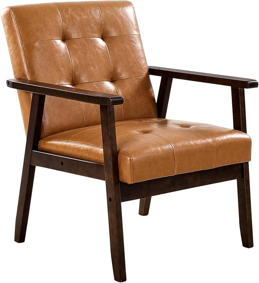 VEVOR Accent Chair, Mid Century Modern Armchair with Solid Wood Frame and Non-Slip Legs, Upholstered Leisure Chair with PU Leather and Soft Cushion, for Living Room, Bedroom, Office