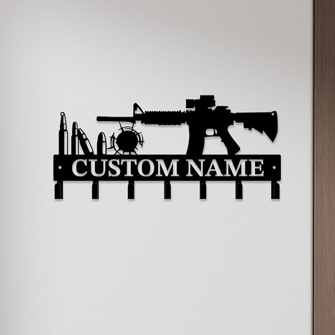 Personalized Custom Name Gun Wall Hooks,Metal Gun Room Art Clothes Hooks,Metal Gun Wall Home Storage Decorative,For Front Door, Hallway, Kitchen, Bedroom,Keys,Hats (Style C)