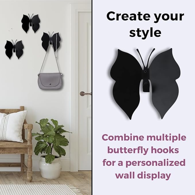 Black Metal Butterfly Wall Hook – Dimensional 3D Design with Angled Wings – Heavy-Duty Decorative Hanger for Nursery, Kids Room & Bathroom Towels