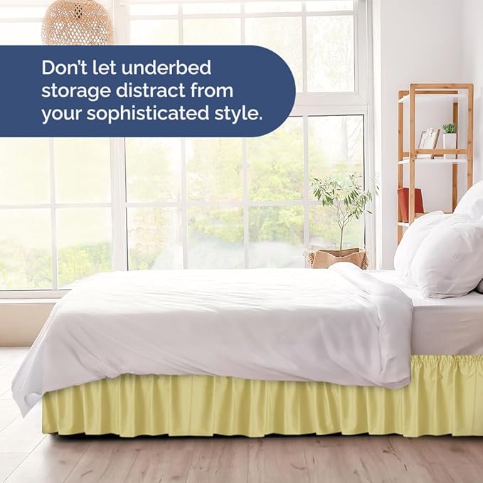 Wrap Around Dust Ruffle Bed Skirt - Yellow - for Queen Size Beds with 15 Inch Drop - Easy Fit Elastic Strap - Adjustable Pleated Bedskirt w/Brushed Fabric Wrinkle Free - for Women, Men, Kids & Teens