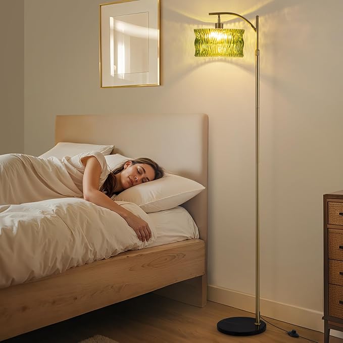 JERANDO Glass Floor Lamp for Living Room, Modern Gold Standing Lamp with Remote Control & 3 Color Temperature, Green Floor Lamps with Glass Lampshade Dimmable Tall Floor Lamp for Bedroom Corner