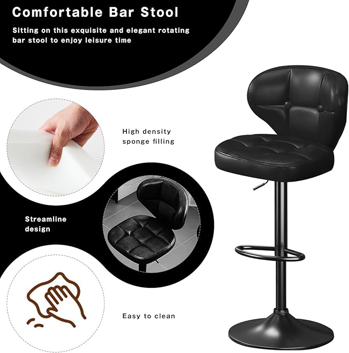 Bar Stools Set of 2, Adjustable Swivel Bar Chairs with Backrest and Footrest, Modern PU Leather Upholstered Counter Height Stools for Kitchen Island, Bar, Dining Room Black
