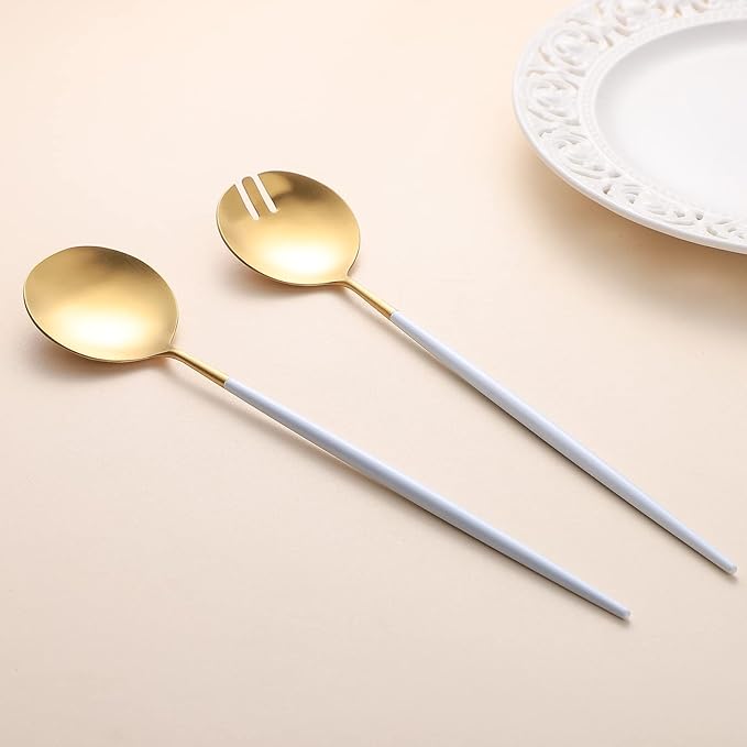 Salad Servers,Spoon and Fork Set 11.41 inch,18/10 Stainless Steel Salad Serving Titanium Plating (White gold)