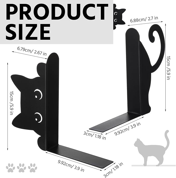 Geelin Peeping Cat Metal Bookends Set of 2 Cute Book Ends for Shelves Decorative Bookshelf Home Office Desk Bookshelf Decor Gift for Cat Lovers and Reading Enthusiasts