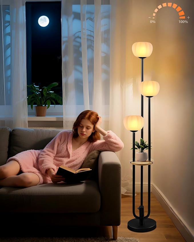 ACOHOOK Black Floor Lamp Dimmable Modern Floor Lamps with Pumpkin Lampshade & Table, 3000K Soft Warm White Bulbs Included, 3-Light Tall Standing Lamp for Living Room/Bedroom
