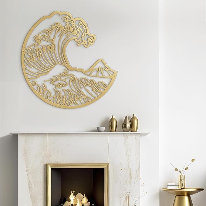 SIGNLEADER Metal Wall Art Decor The Great Wave Landscape Minimalist Modern Abstract Wall Sculpture Hangings Home Decoration for Living Room, Bedroom, Bathroom, Kitchen, Outdoor - 18" Gold