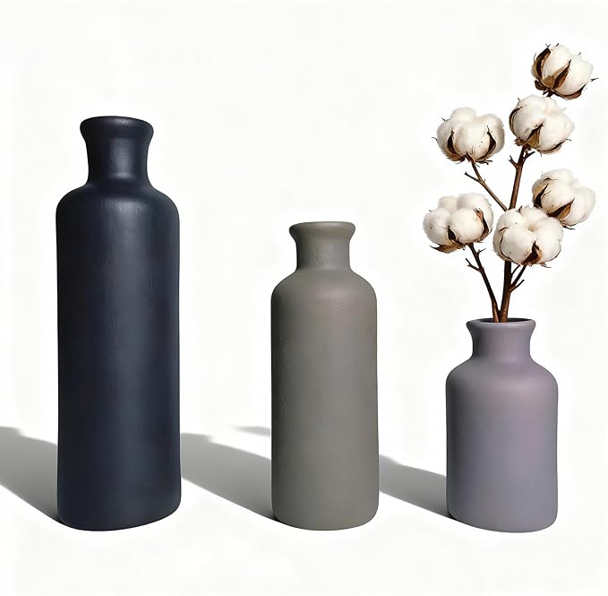 Ceramic Vase Set of 3, Modern Rustic Farmhouse Vases Home Decor, Pampas Vase for Table Centerpiece, Kitchen, Living Room, Table Shelf, Office Decor, Fireplace and Entrance Decorations