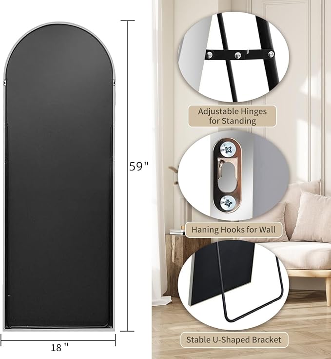 Floor Mirror Arched Full Length Mirrors, Mirror Full Length Standing Hanging or Leaning Against Wall, 59"x18" Large Full Body and Wall Mounted Mirror for Bedroom Living Room, Silver