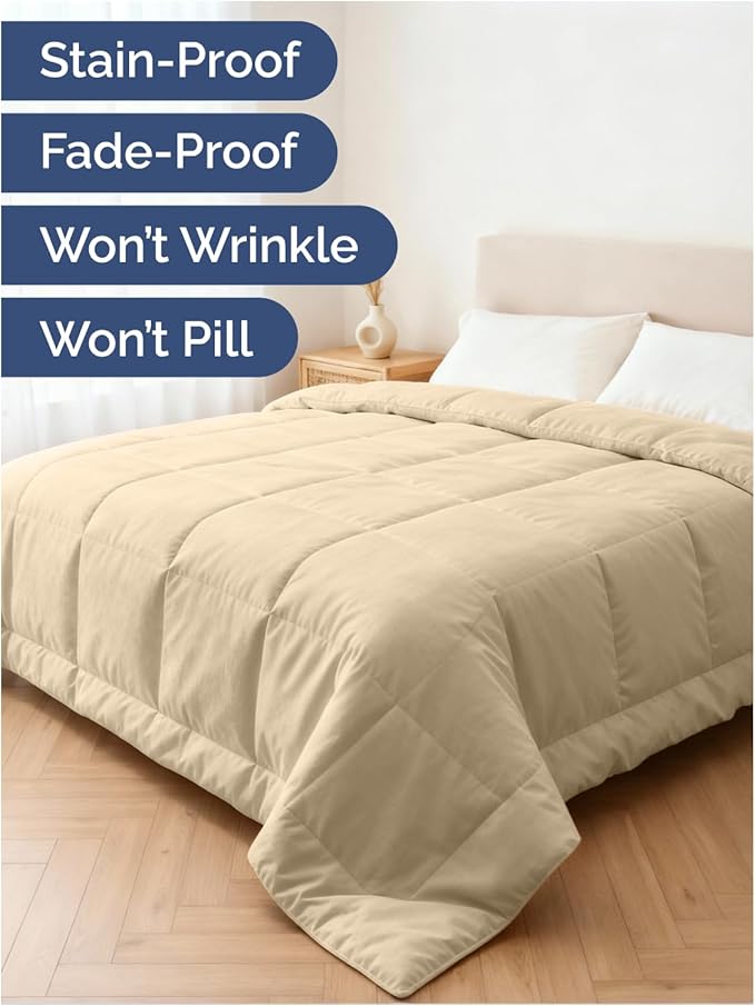 Queen Size, Beige Alternative Down Comforter - Warm and Lightweight - Luxury and Breathable Hotel Quality Bedding Set - All Season Fluffy and Cozy Oversized Cooling Microfiber Duvet Insert Comforter