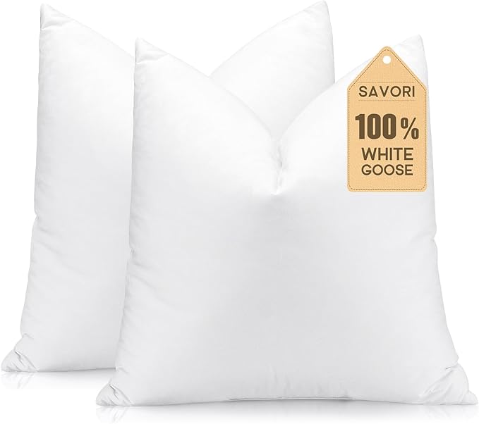 SAVORI Set of 2 Down and Feather Throw Pillow Inserts 16x16 Soft Fluffy Pillow Inserts with 100% Down-Proof Cotton Cover, Decorative Square Cushion Inner for Sofa Couch Bed-White