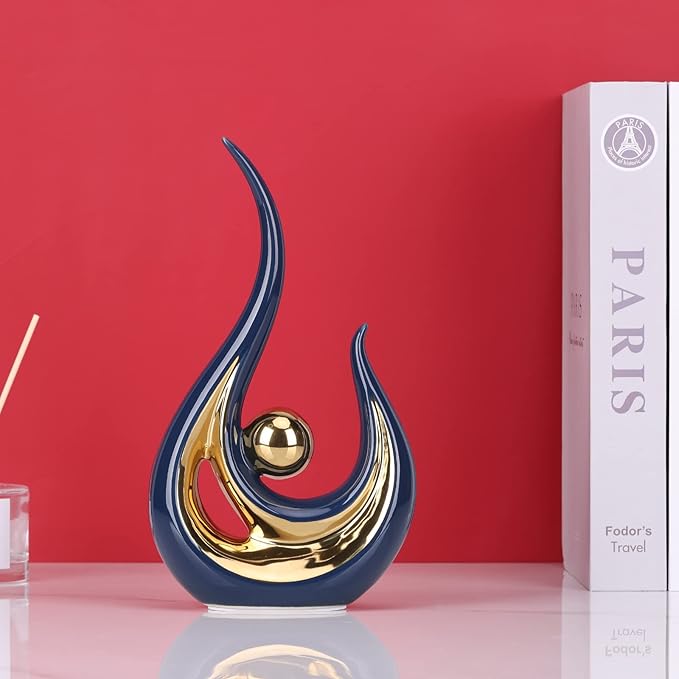 LCCCK Blue Gold Abstract Figurine Statues for Home Decor – Modern Ceramic Sculpture Accent, Decorative Statues for Living Room, Shelf, TV Stand, Office or Coffee Table Centerpiece Art Decoration
