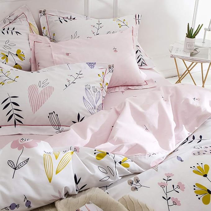 Girls Boho Floral Duvet Cover Twin Aesthetic Bedding Sets with 2 Pillowcases Pink Cotton Botanical Comforter