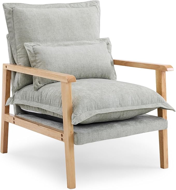 VINGLI Mid-Century Modern Cloud Accent Armchair with Lumbar Pillow, 6.3'' Thick Seat Cushion Comfy Reading Chair with Wooden Armrests，Boho Lounge Chair for Bedroom, Living Room, Chenille, Sage Green