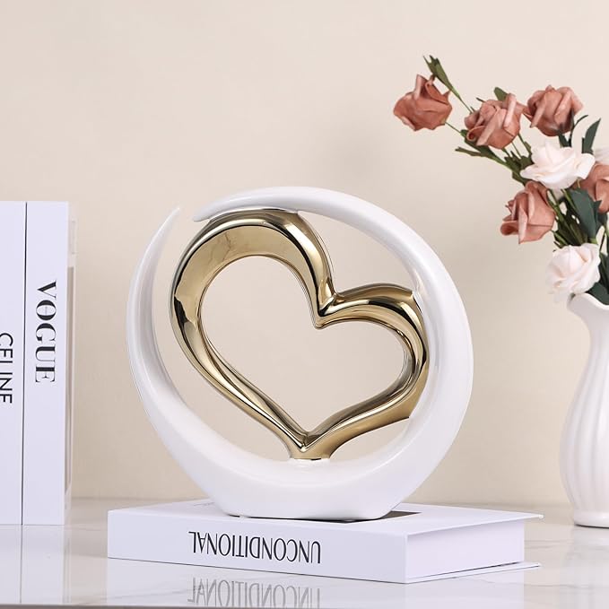 White Gold Ceramic Heart Statues Decor, Abstract Home Sculptures for Bedroom Decor, Wedding Decor, Decoraciones para Salas De Casa, Valentine Decor, Gifts for Women (E-White Gold)