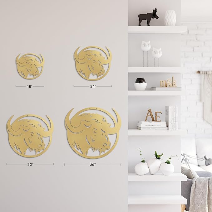 SIGNLEADER Metal Wall Art Decor Majestic Buffalo Circular Frame Minimalist Modern Abstract Wall Sculpture Hangings Home Decoration for Living Room, Bedroom, Bathroom, Kitchen, Outdoor - 18" Gold