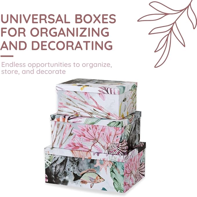 Soul & Lane Ocean Treasures Modern Home Décor Keepsake Boxes - Set of 3: Beach-Themed Photo Storage with Lids, Decorative Cardboard Nesting Gift Containers, Paper Mache Rectangle Boxes