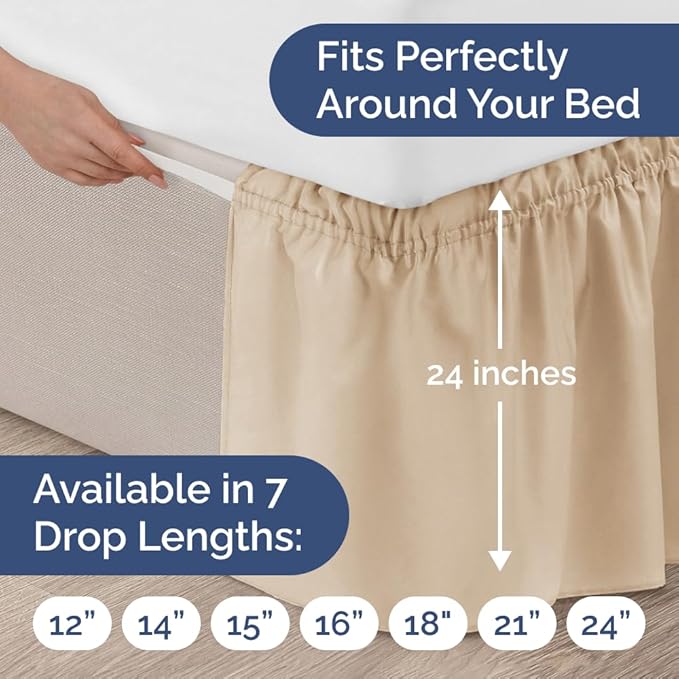 Wrap Around Dust Ruffle Bed Skirt - Cream - Twin/Twin XL Size Beds with 24 Inch Drop - Easy Fit Elastic Strap - Adjustable Pleated Bedskirt w/Brushed Fabric - Wrinkle Free - Women, Men, Kids & Teens
