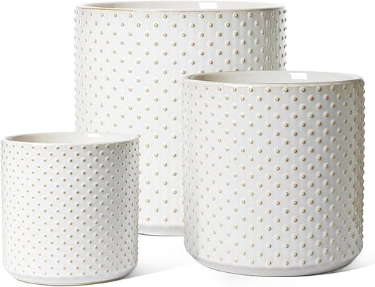 LE TAUCI Ceramic Pots for Plants, 10/8/6 Inch Indoor Planters with Draiange Hole, Silicone Plug & Mesh Pad, Modern Rasied-Dots Pots for Home Office, Set of 3, Glossy, Arctic White