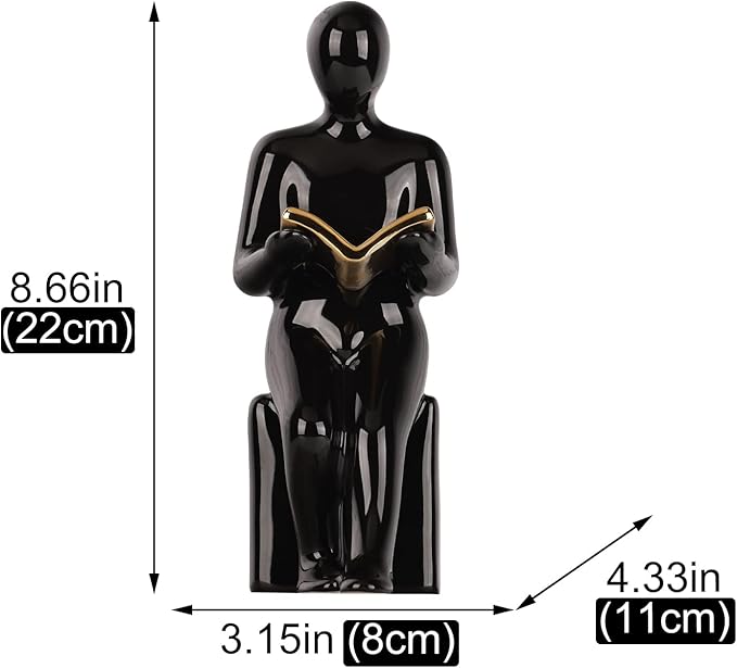 XINGYAN Elegant Ceramic Bookends - Black & White Reading Statues with Gold Accents - Sophisticated Decor for Shelves and Home(Gold Book)