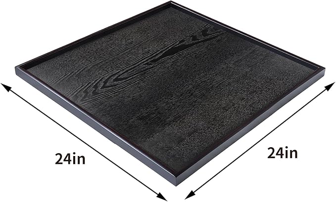 24 x 24 Inches Large Square Black Solid Wood Ottoman Tray, Serve Tea, Coffee or Breakfast in Bed, Classic Wooden Decorative Serving Tray with Raised Edges, Kitchen Party Bar Server Table Tray