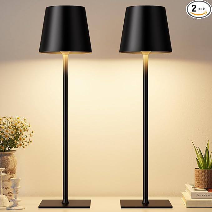 Black Cordless Rechargeable Table Lamp, 2 Pack Portable Desk Lamp with 5000mAh Battery, Touch Control Stepless Dimming, Wireless Night Light for Dining, Outdoor Camping, Coffee Shop, Waterproof Design