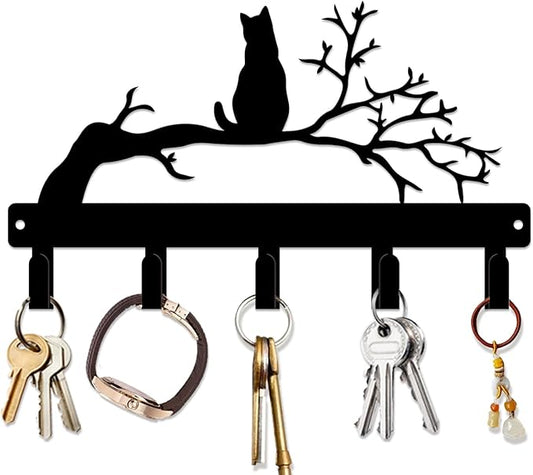 magilab Cat-Themed 10-Inch Iron Key Hooks with 5 Hooks, Black Wall Organizer - Cute Cat Design for Home Decor, No Drill & Screw-in Options (Style J)
