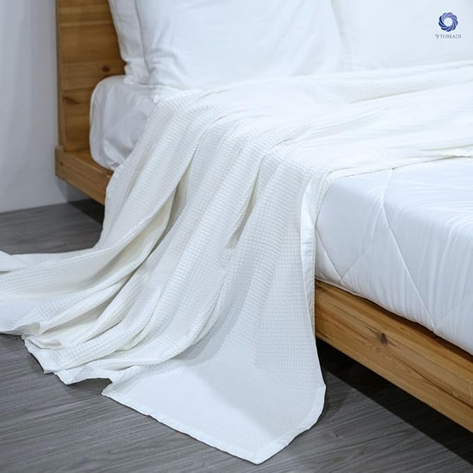 9Threads GOTS Certified Organic Cotton Waffle Weave Blanket, Queen Bed Size, 90"X90"Cozy Throw Blanket for Couch, Modern Home Decor, Throw Blankets, Comfy Waffle Blanket & Soft Bed Blankets -White