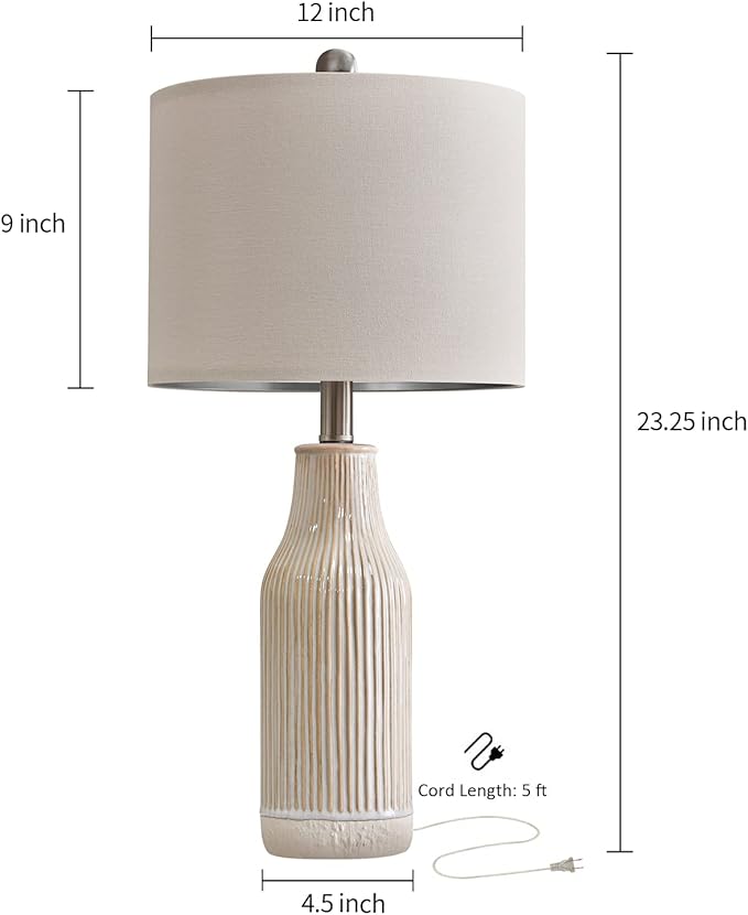 23.75 inches Modern Ceramic Table Lamp Set of 2 for Living Room, Farmhouse Bedside Nightstand Lamp for Bedroom Home Office Dorm