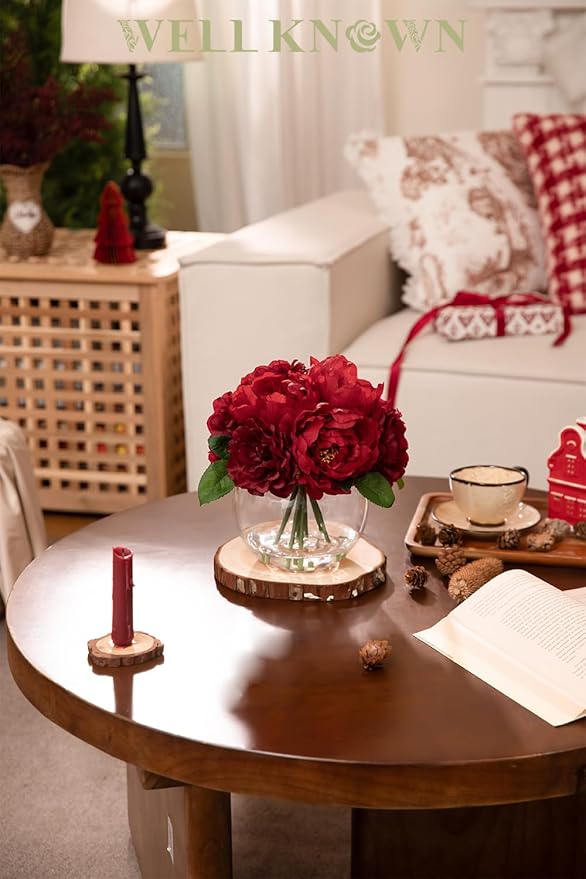 Artificial Flowers in Vase, Silk Burgundy Classical Red Peonies Flowers for Vase with Faux Water, Fake Flower Arrangements for Winter Coffee Christmas Dining Table Centerpieces Decor & Mom's Gift