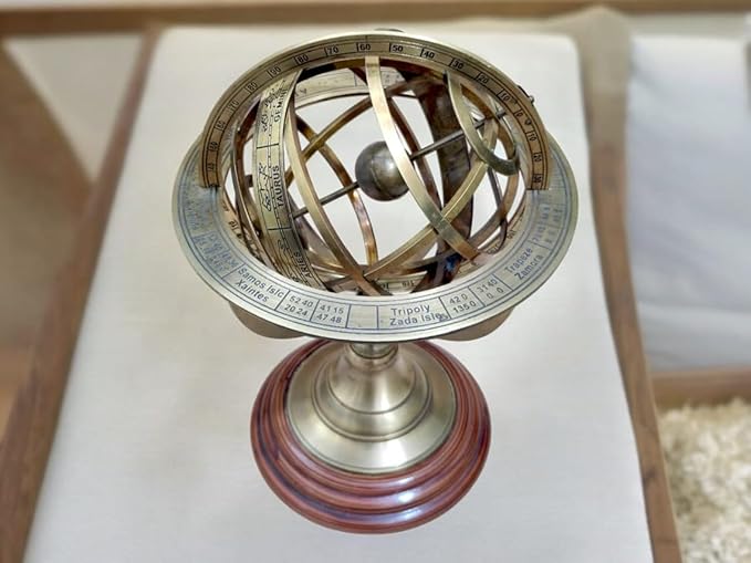 Antique Vintage Zodiac Armillary Brass Sphere Globe Wooden Display | Antique Ship Décor (12 Inch)