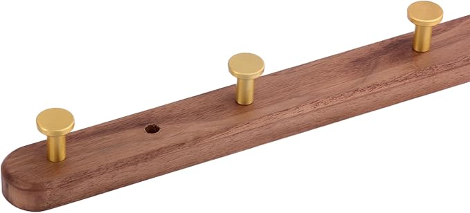 Wall Mounted Coat Rack, Entryway Hanging Coat Rack, Metal Wood Coat Rail with 5 Rustic Hooks Rail for Coat, Scarf, Bag, Towel, Key, Cap, Hat, Walnut Gold Matt