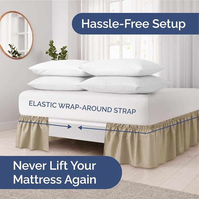Wrap Around Dust Ruffle Bed Skirt - Beige - Twin/Twin XL Size Beds with 18 Inch Drop - Easy Fit Elastic Strap - Adjustable Pleated Bedskirt w/Brushed Fabric - Wrinkle Free - Women, Men, Kids & Teens