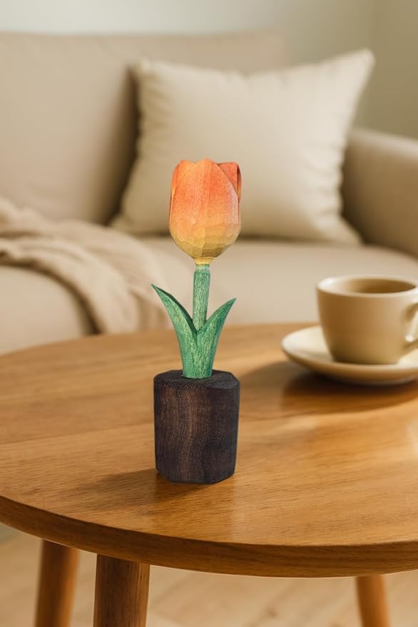 Handcrafted Wooden Tulip Figurine – Elegant Basswood Carved Sculpture, Unique Gift with Premium Gift Box, Ideal for Mother’s Day, Anniversary, Birthday, Home Office Décor (Orange)