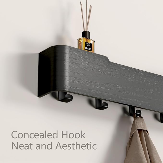 Coat Rack Wall Mount Entryway Organizer Modern Key Holder Wall Mount with Wooden Shelf Entryway Hooks for Bedroom Kitchen Hallway Bathroom for Hanging Coats Hats Dog Leashes Bags Towels